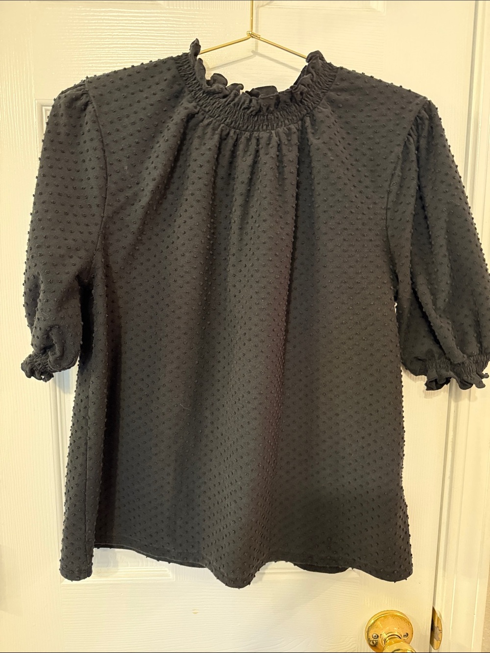 J. Crew Black Swiss Dot Ruffle Mock Neck Blouse